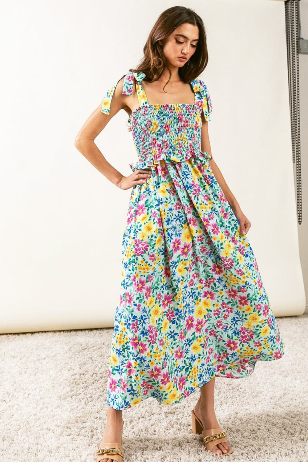 BiBi Floral Ruffle Trim Smocked Cami Dress.