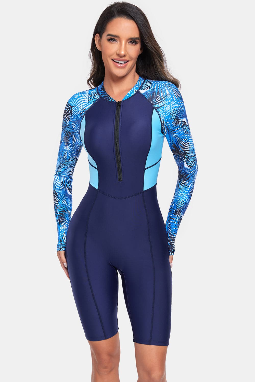 Printed Half Zip Long Sleeve One-Piece Swimwear.