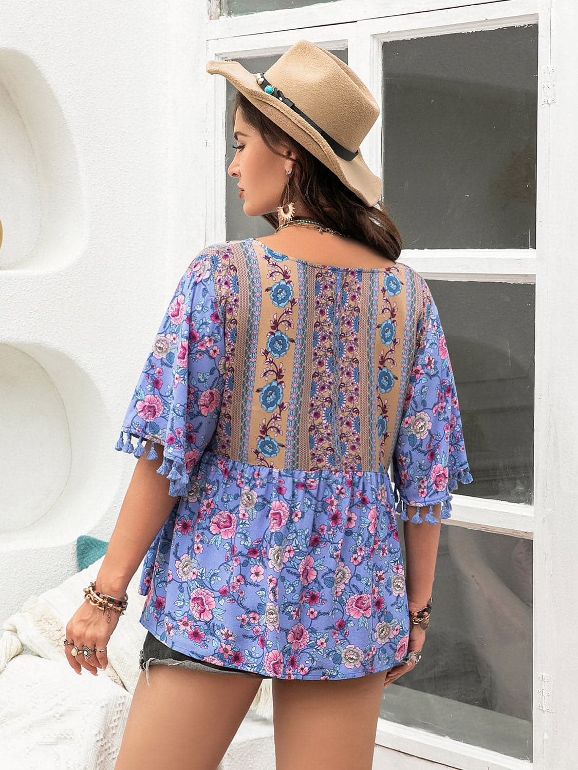 Plus Size Printed V-Neck Half Sleeve Blouse.