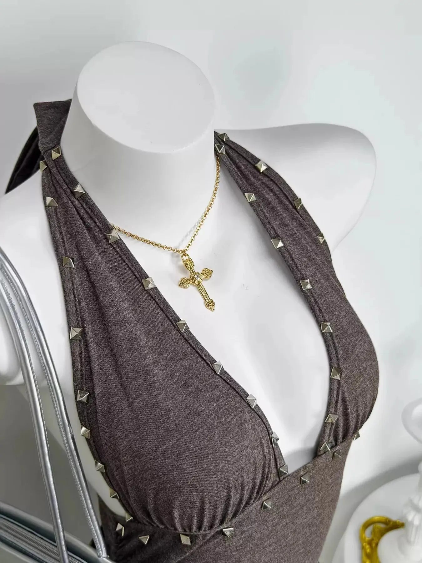 Studded Halter Neck Ruffle Hem Mini Dress Simply Love