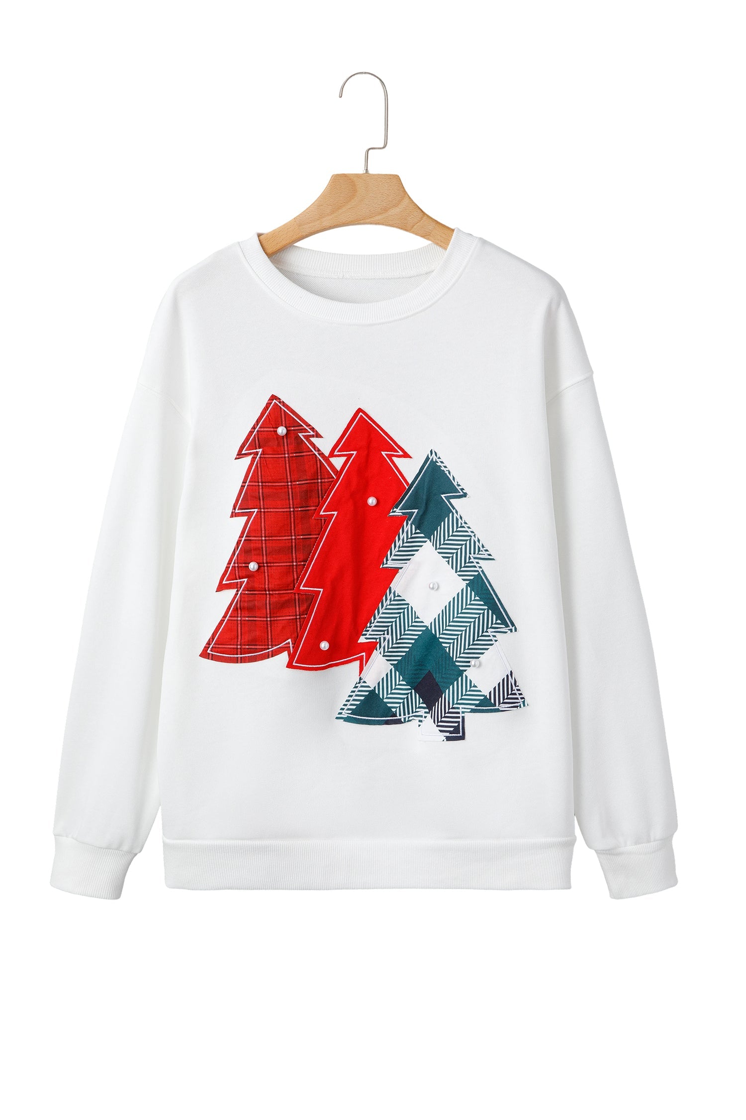White Pearl Plaid Christmas Tree Patched Drop Shoulder Sweatshirt Dear-Lover Dropshipping