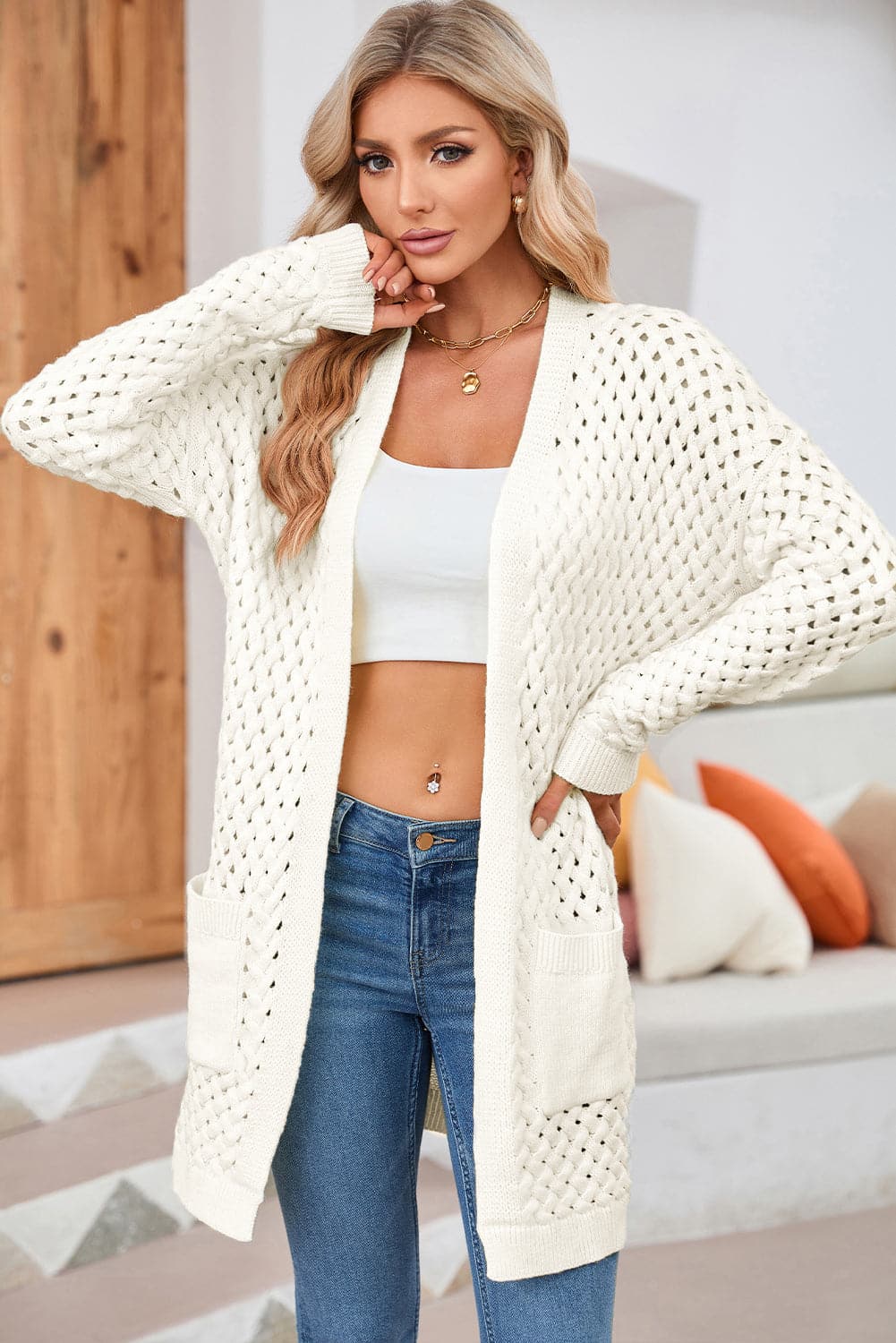 Open Front Dropped Shoulder Cardigan with Pockets.