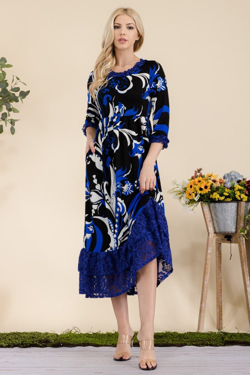 Celeste paisley print midi dress with lace ruffles and pockets