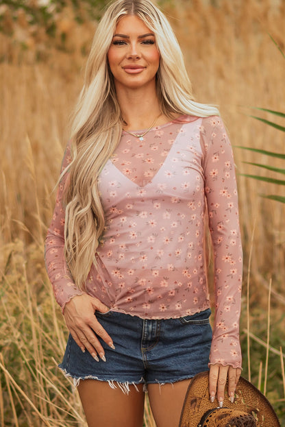 Premium Pink Vintage Floral Mesh Long Sleeve Top Southern Style