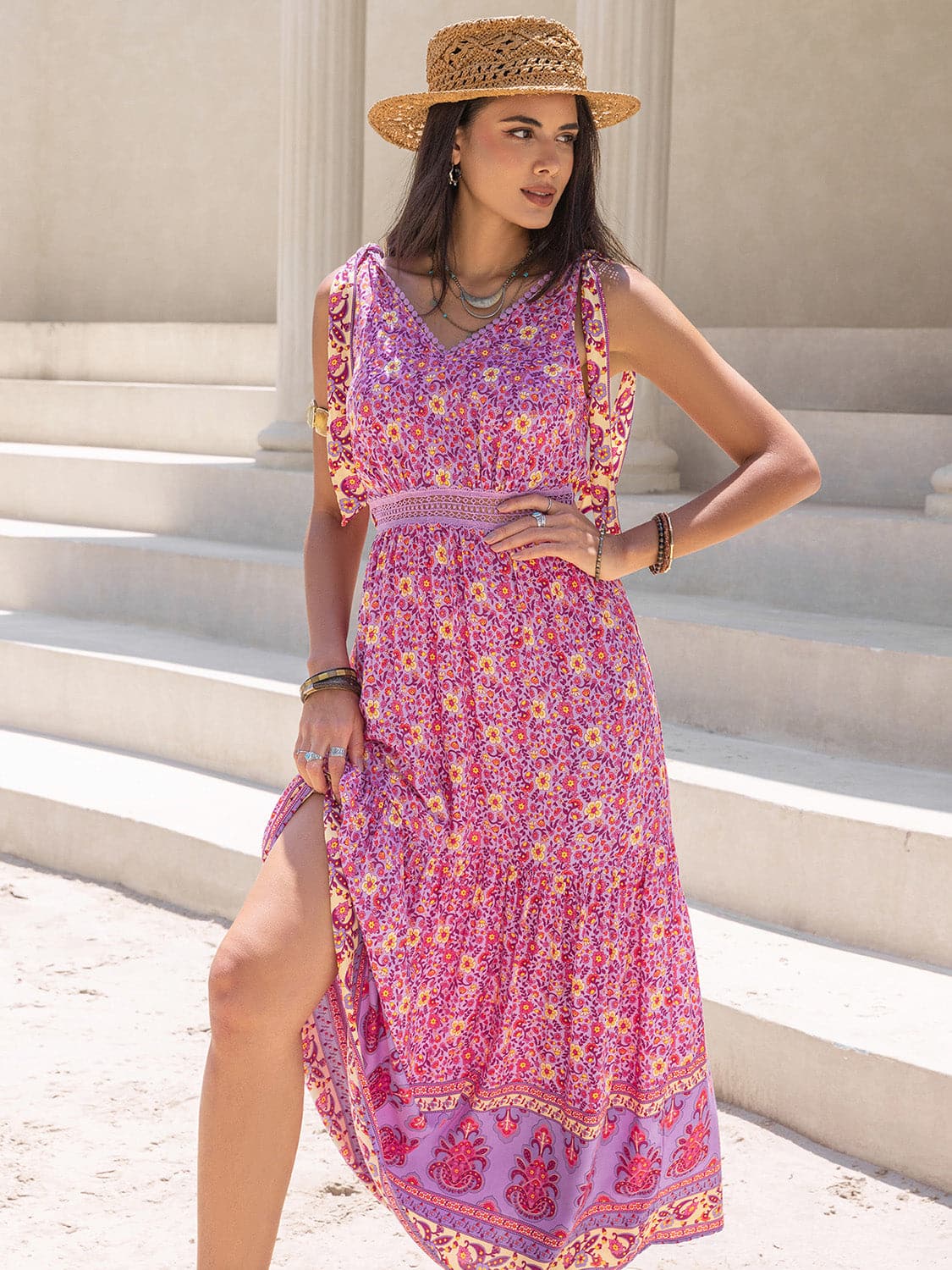 Tied Printed V-Neck Sleeveless Dress.