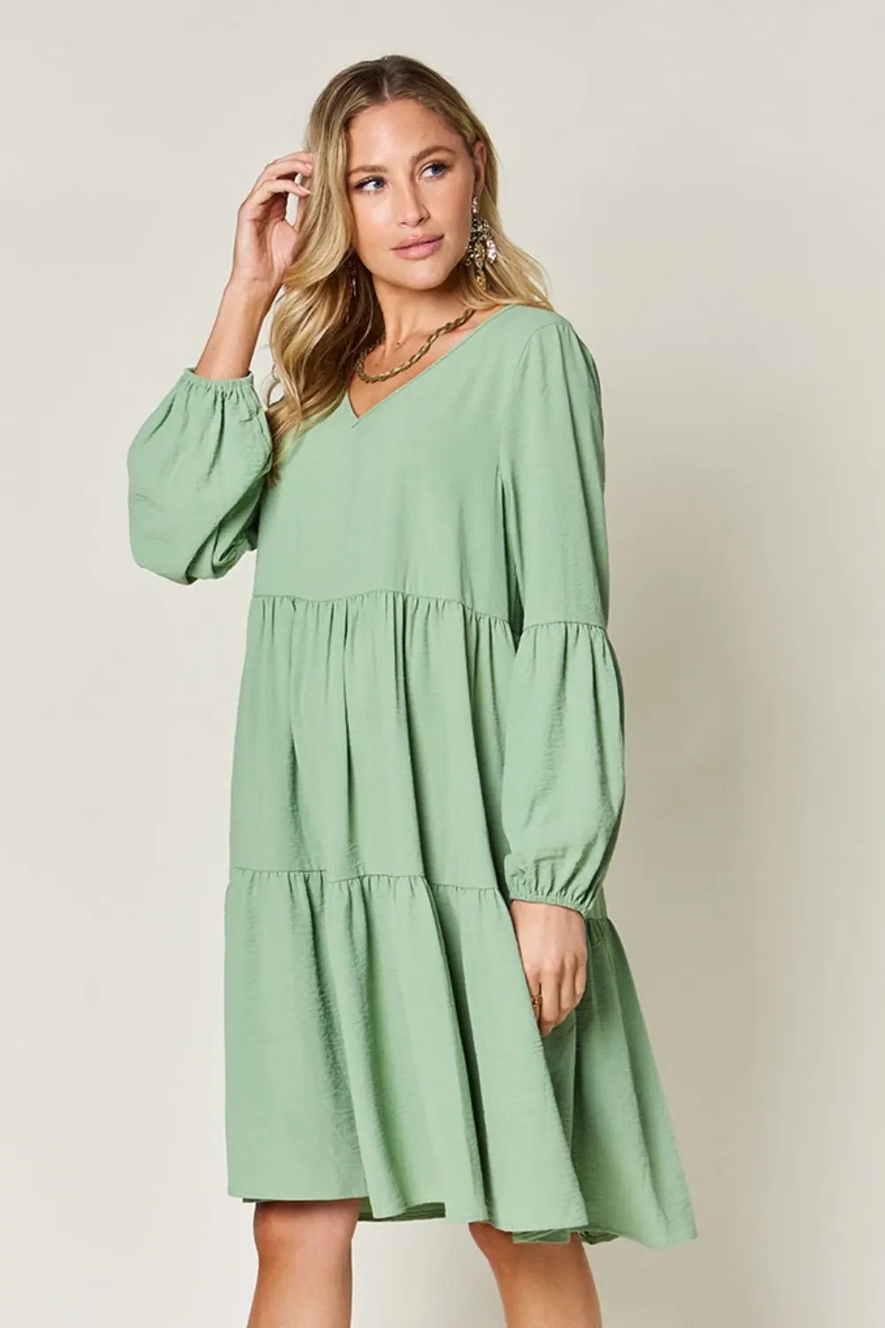 Double Take Full Size V-Neck Balloon Sleeve Tiered Dress - Love Salve