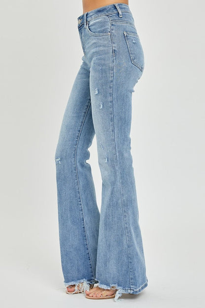 Risen Full Size High Rise Frayed Hem Flare Jeans.