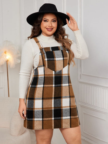 Plus Size Plaid Wide Strap Overall Dress.