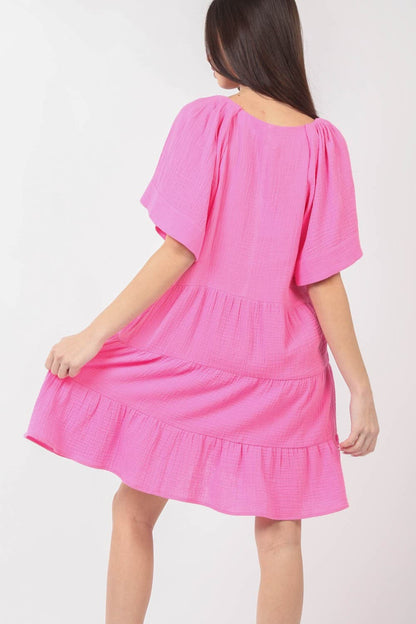 VERY J Texture V-Neck Ruffled Tiered Dress.