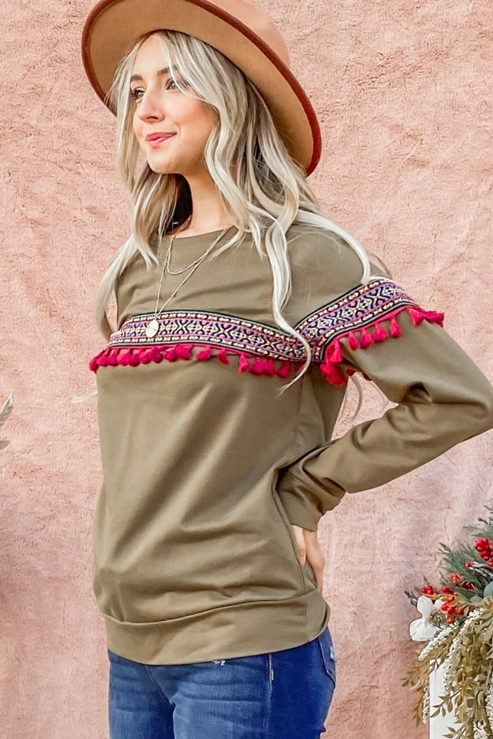 Bohemian Charm: Ethnic Ribbon Tassel Trim Top