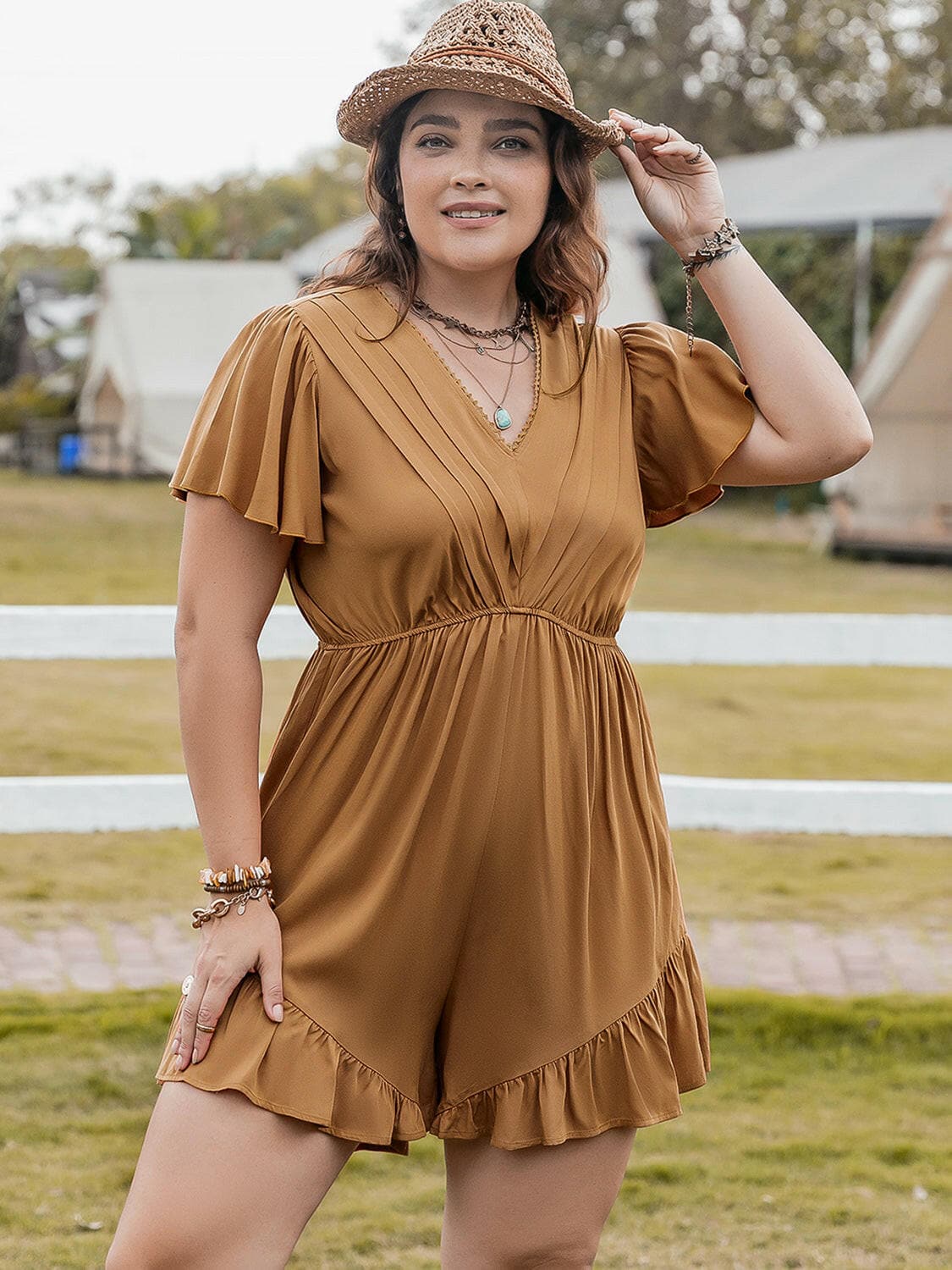 Plus Size Ruffled V-Neck Short Sleeve Romper.