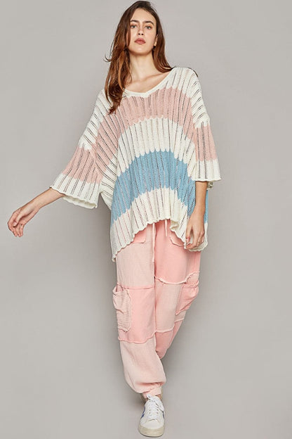 POL V-Neck Short Sleeve Stripe Weave Sweater.