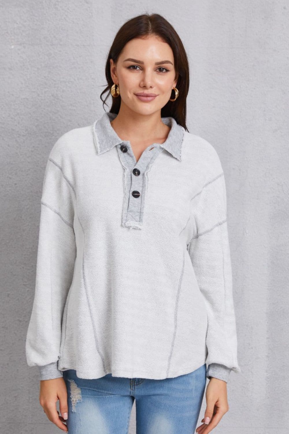 Half Button Dropped Shoulder Sweatshirt.