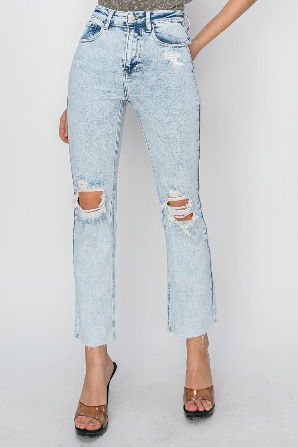 RISEN High Rise Distressed Ankle Jeans.