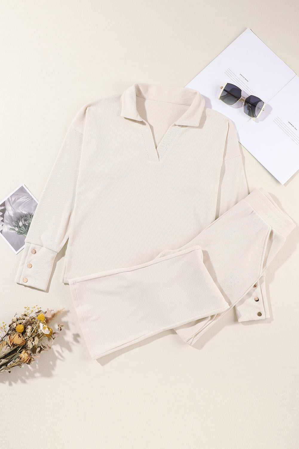 Beige Collared Split Neck Ribbed Two Piece Athleisure Outfit Dear-Lover Dropshipping