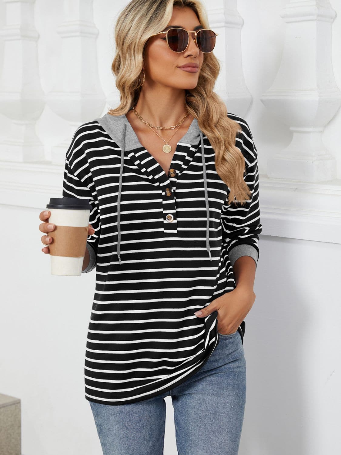 Drawstring Striped Long Sleeve Hoodie.