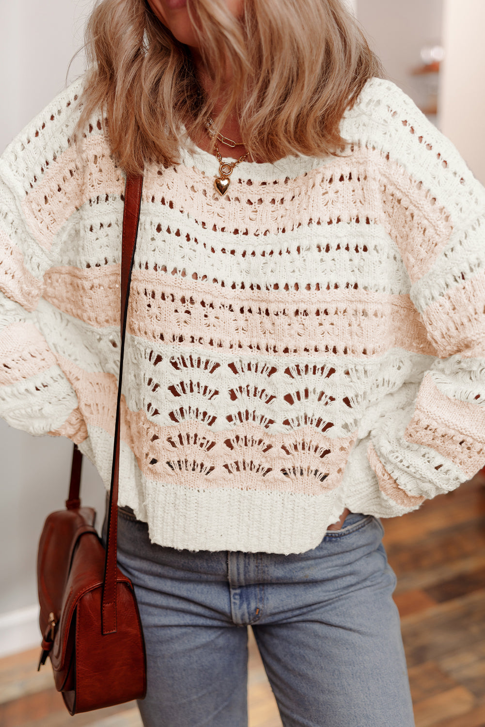 Pink Hollow-Out Colorblock Drop Shoulder Casual Sweater Dear-Lover Dropshipping
