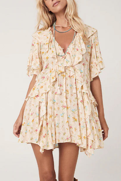 Apricot Boho Floral Tassel Tie V Neck Ruffle Mini Dress
