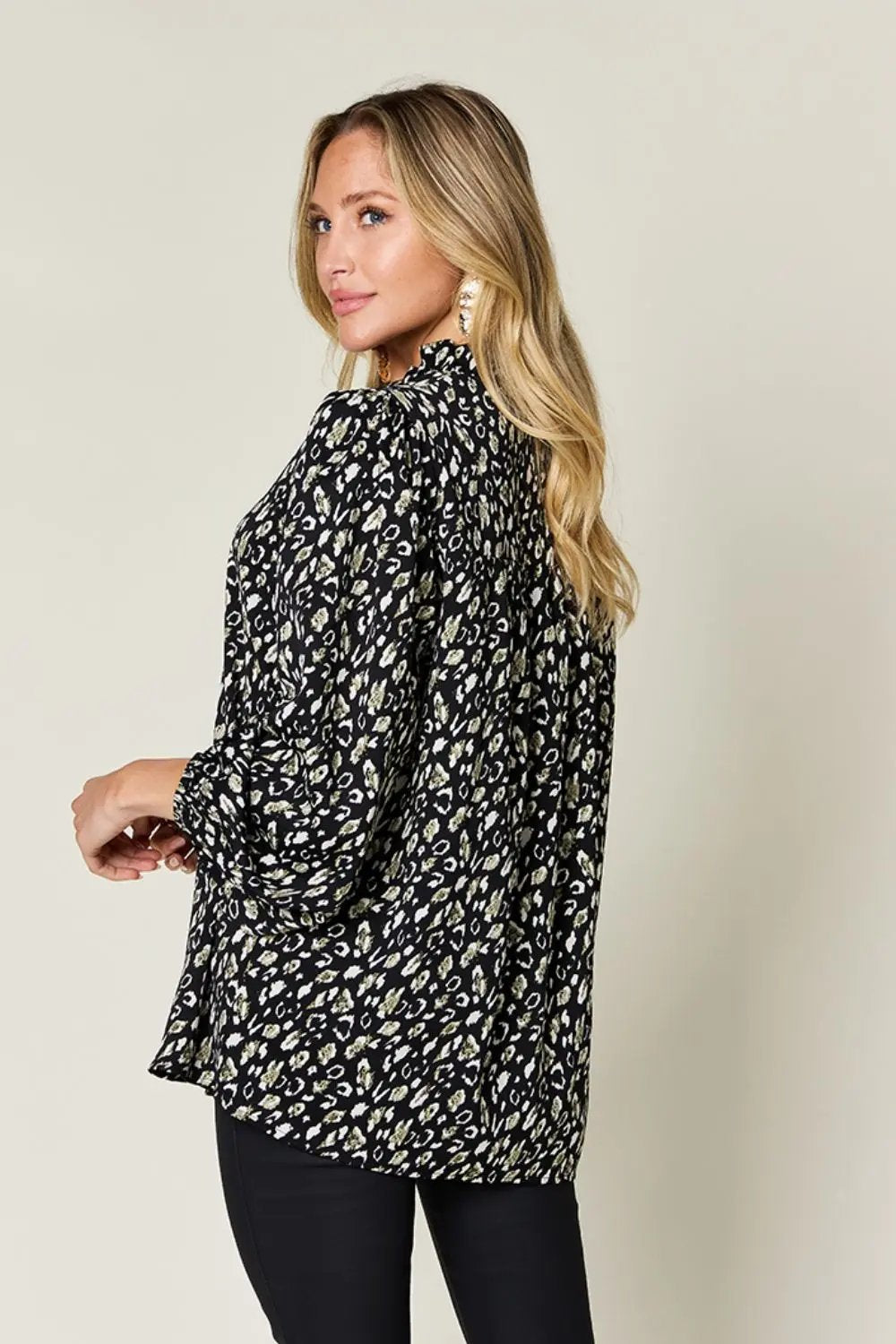 Double Take Full Size Leopard Long Sleeve Blouse - Love Salve