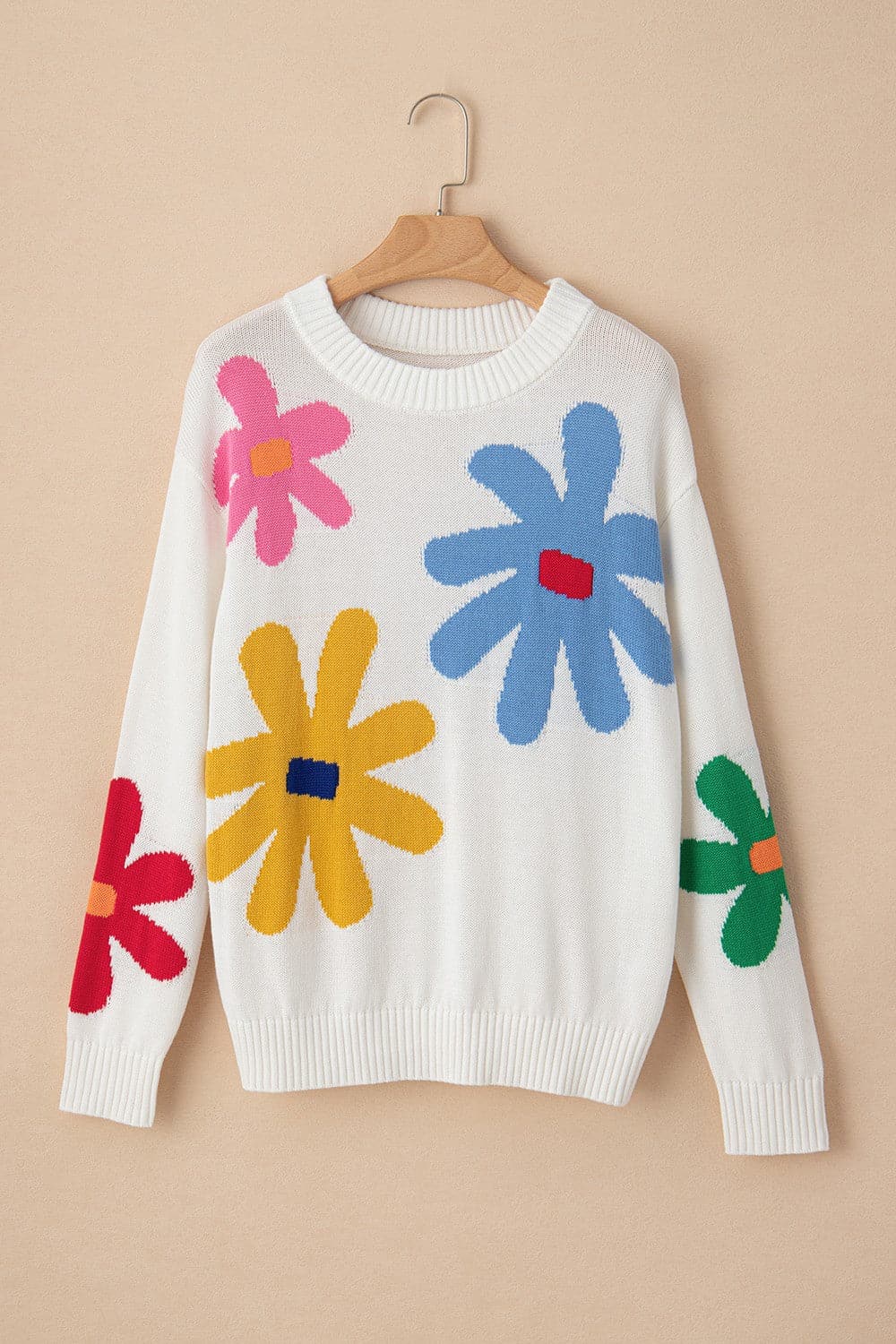 Flower Round Neck Dropped Shoulder Sweater.