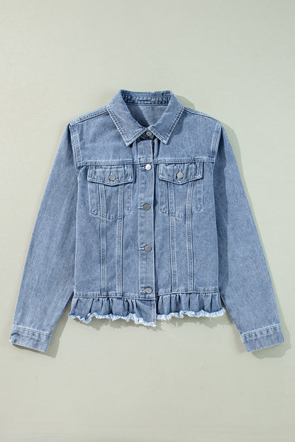 Beau Blue Ruffle Raw Hem Flap Pockets Denim Jacket