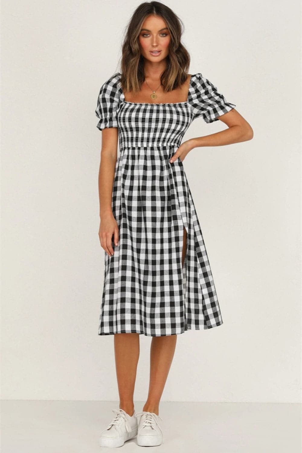 Full Size Slit Plaid Short Sleeve Midi Dress.