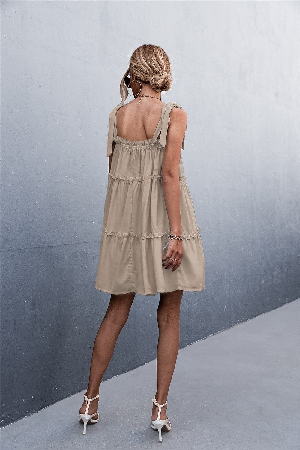 Frill Tiered Tie Shoulder Mini Cami Dress.