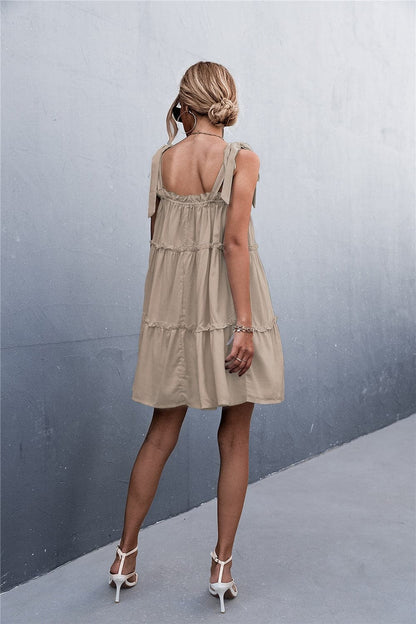 Frill Tiered Tie Shoulder Mini Cami Dress.