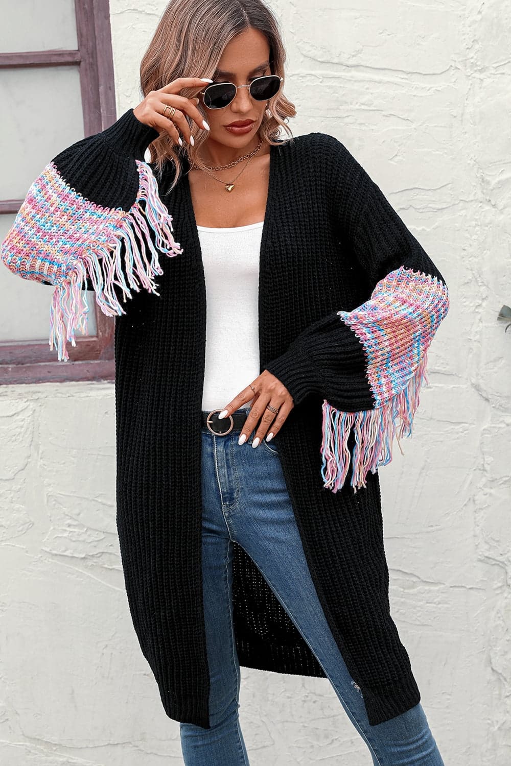 Fringe Sleeve Dropped Shoulder Cardigan.