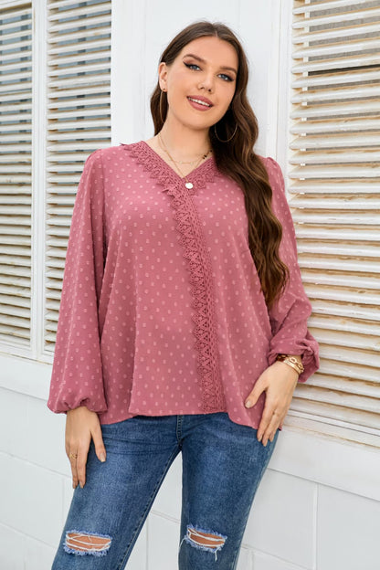 Melo Apparel Plus Size Lace Trim V-Neck Balloon Sleeve Blouse.