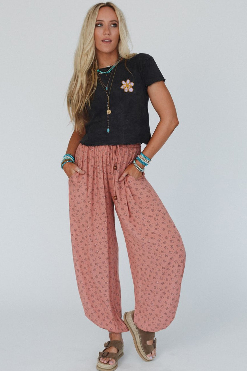 Pink Boho Floral Printed Wide Leg Jogger Pants