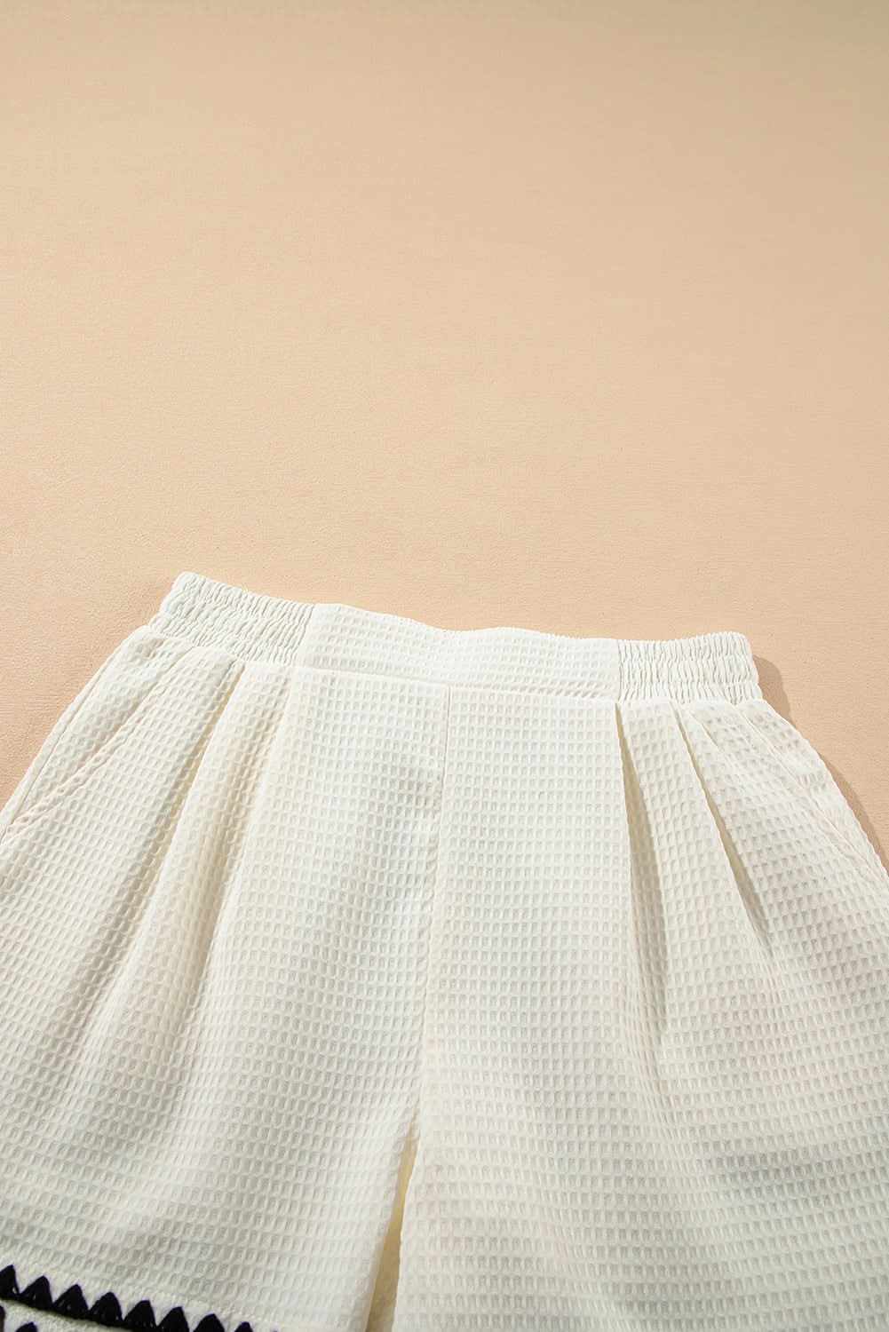 Textured White Casual Shorts with Contrasting Ricrac Hemline