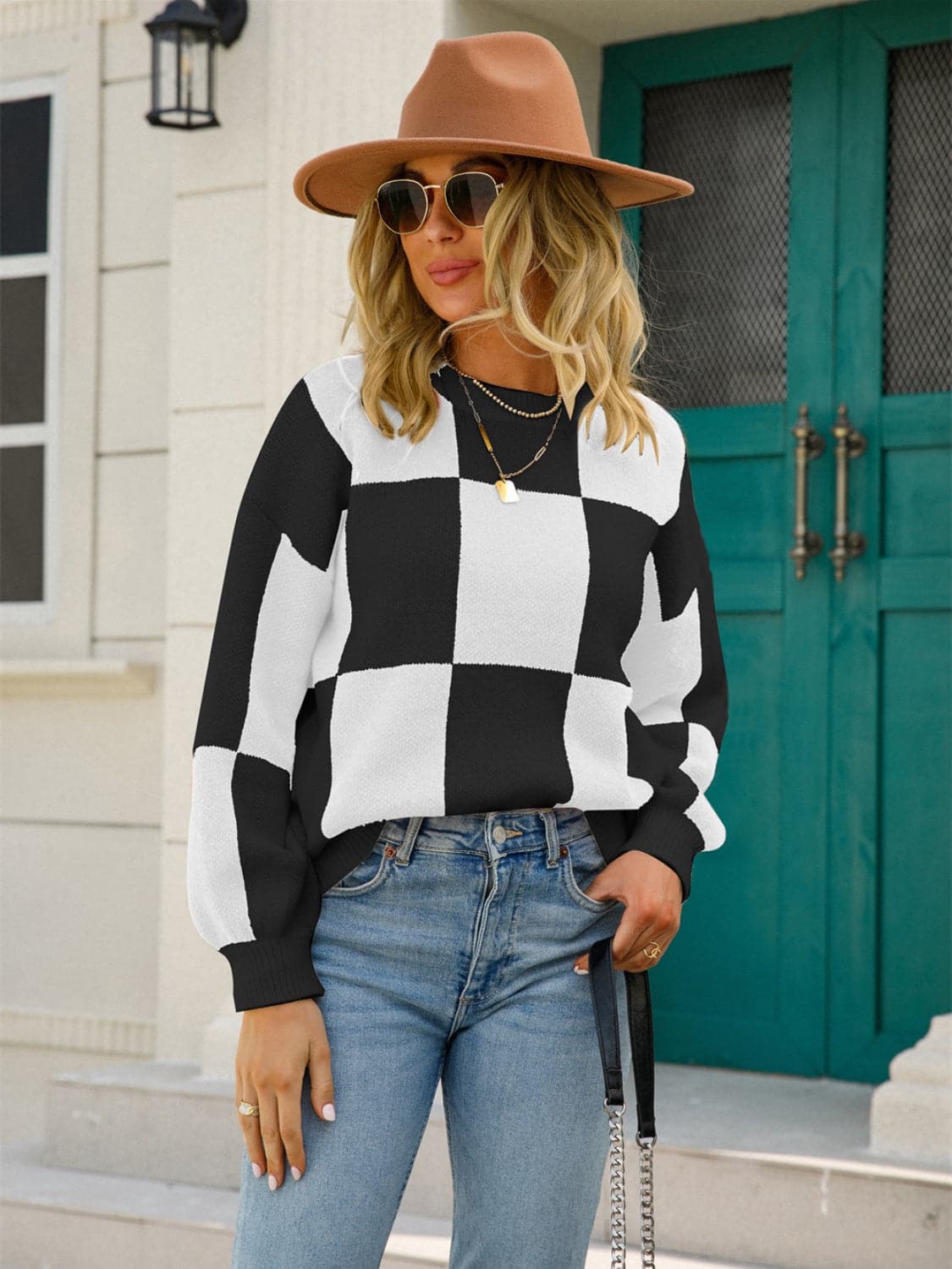 Checkered Round Neck Dropped Shoulder Sweater.