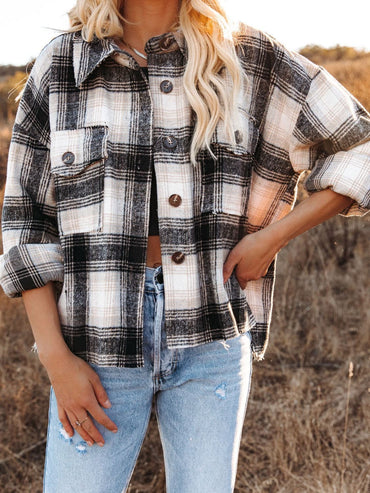 Plaid long sleeve shacket with pockets