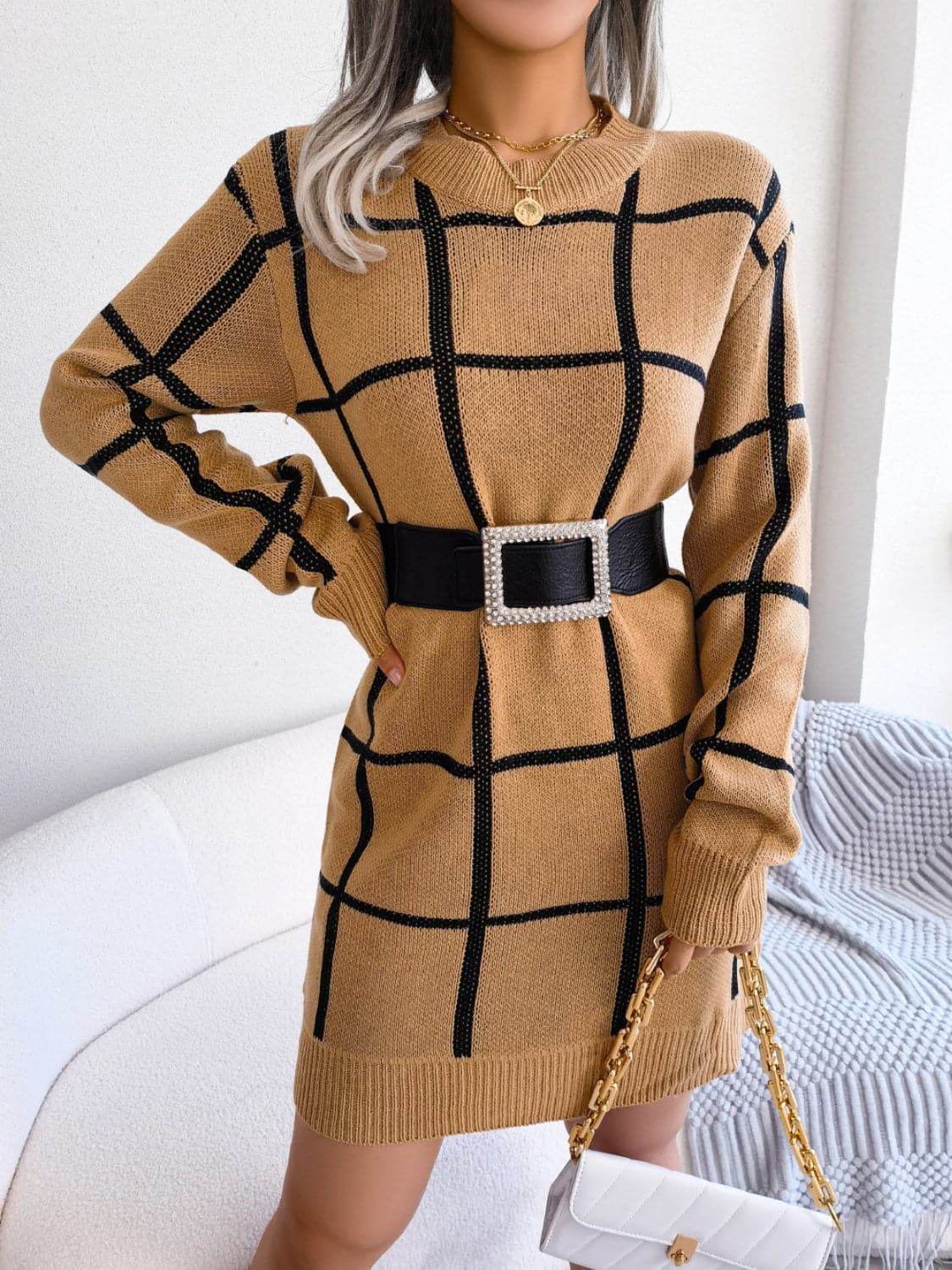 Plaid Round Neck Dropped Shoulder Sweater Dress.