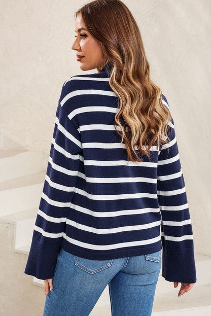 Striped Slit Drop Shoulder Sweater.