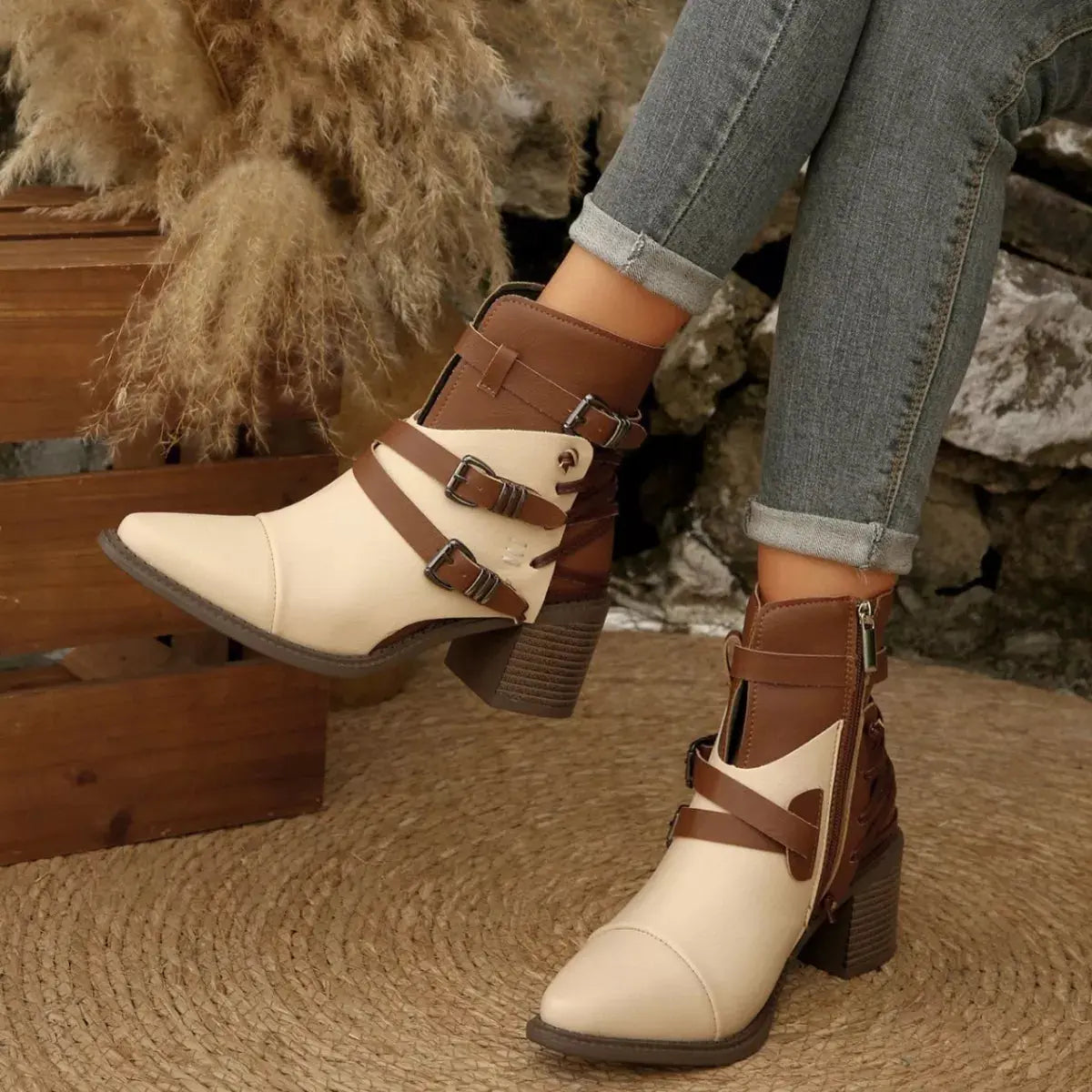 Point Toe Buckle Strap Ankle Boots with Block Heels Simply Love
