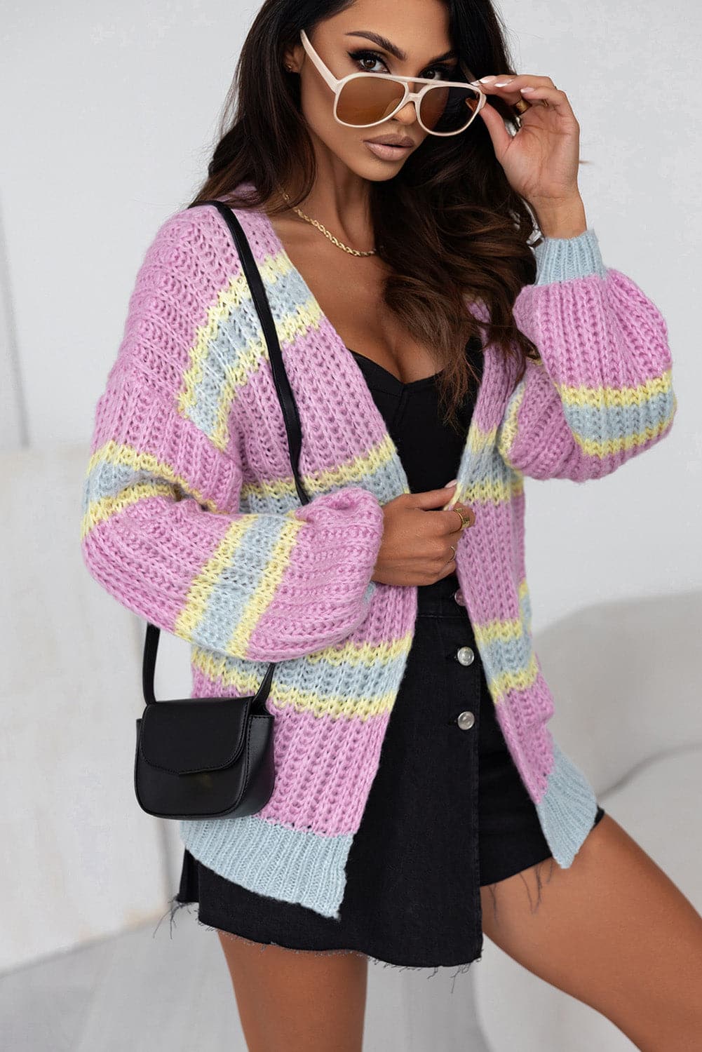 Striped Lantern Sleeve Dropped Shoulder Cardigan.