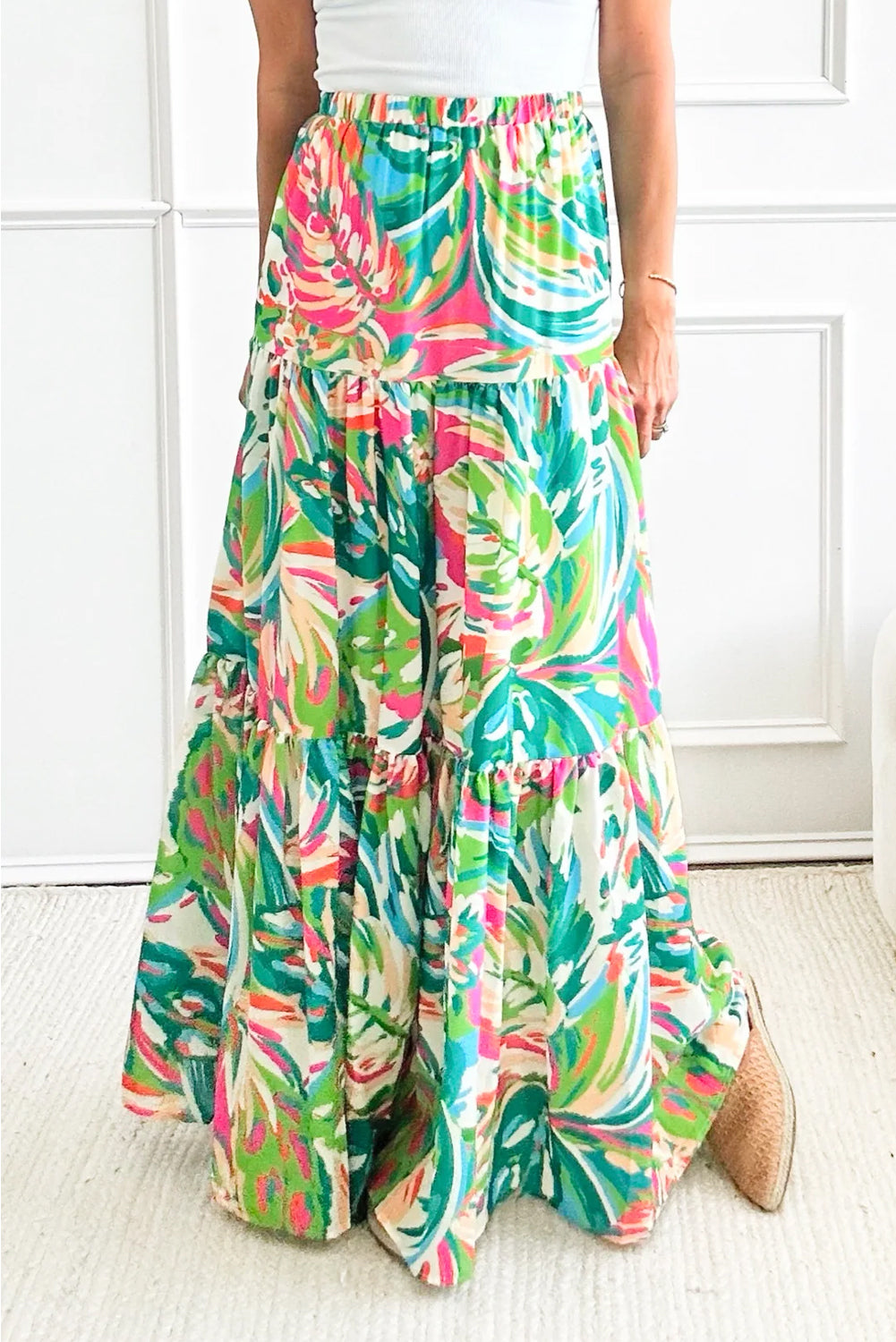 Green Abstract Printed High Waist Tiered Maxi Skirt