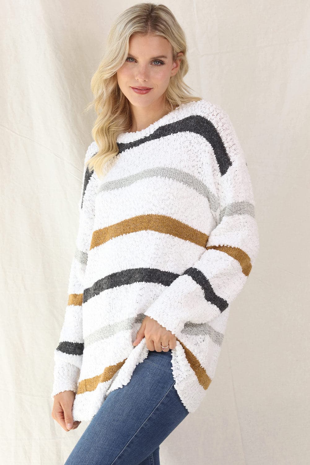 Striped Round Neck Long Sleeve Sweater.