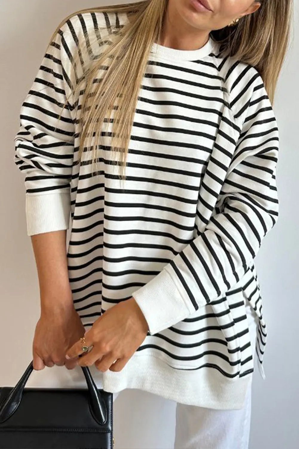 Black Stripe Raglan Sleeve Side Slits Loose Sweatshirt Love Salve