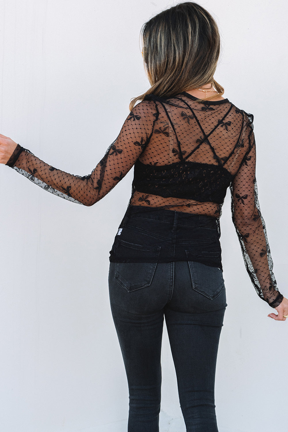 Black Bow Pattern Accent Mesh Long Sleeve Top for Women