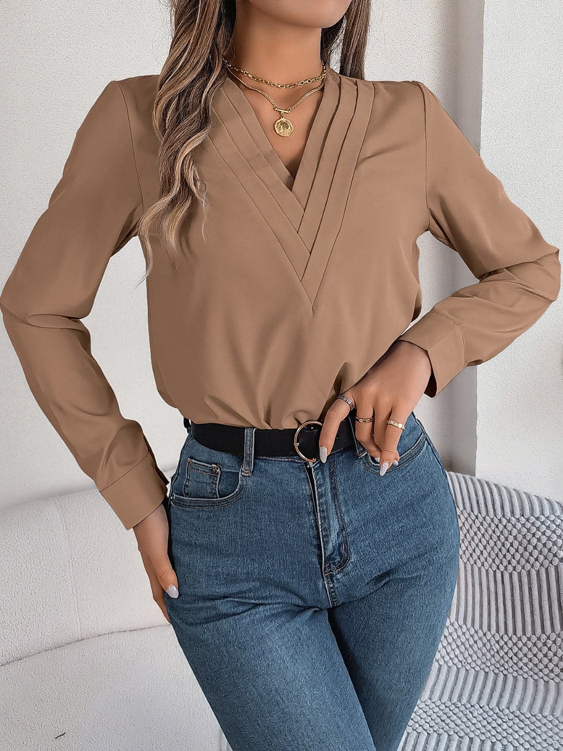 V-Neck Long Sleeve Blouse.