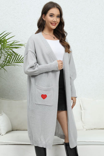 Lantern Sleeve Open Front Pocketed Cardigan.