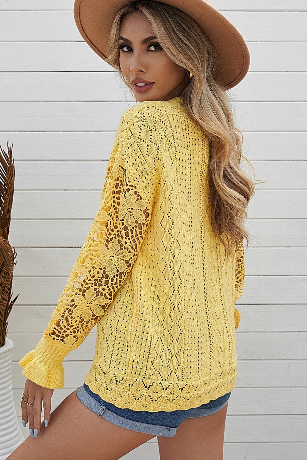 Openwork Lantern Sleeve Dropped Shoulder Sweater.