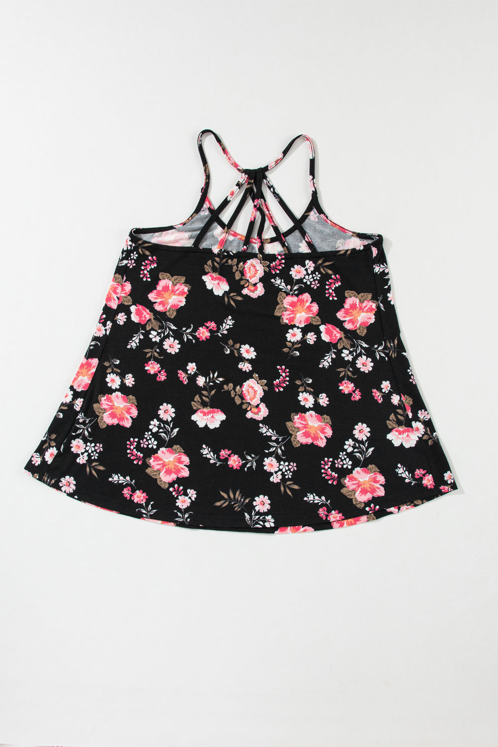 Chic black floral strappy tank top with daring back design