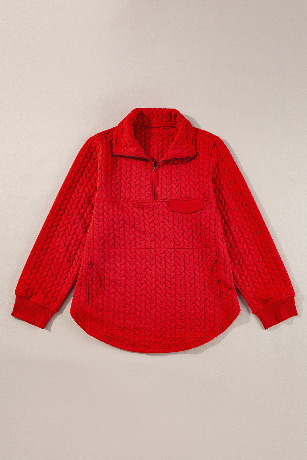 Tomato red cable knit quarter zip pullover with pockets in plus size