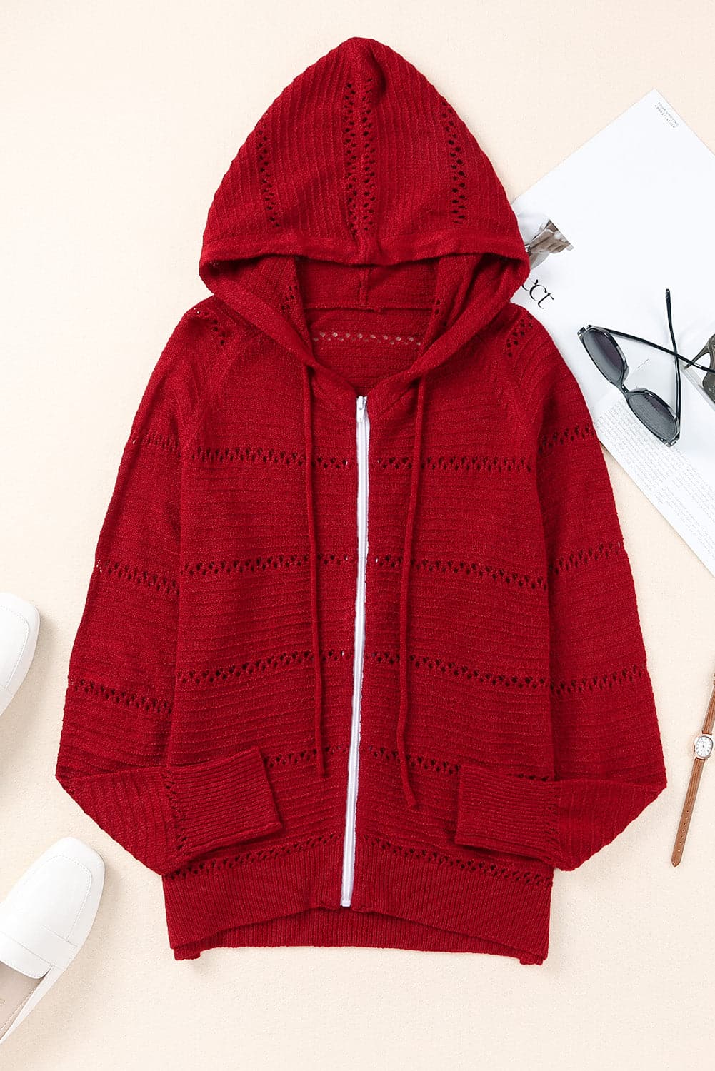 Zip-Up Raglan Sleeve Openwork Hooded Cardigan.