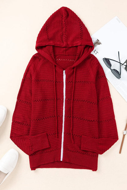 Zip-Up Raglan Sleeve Openwork Hooded Cardigan.