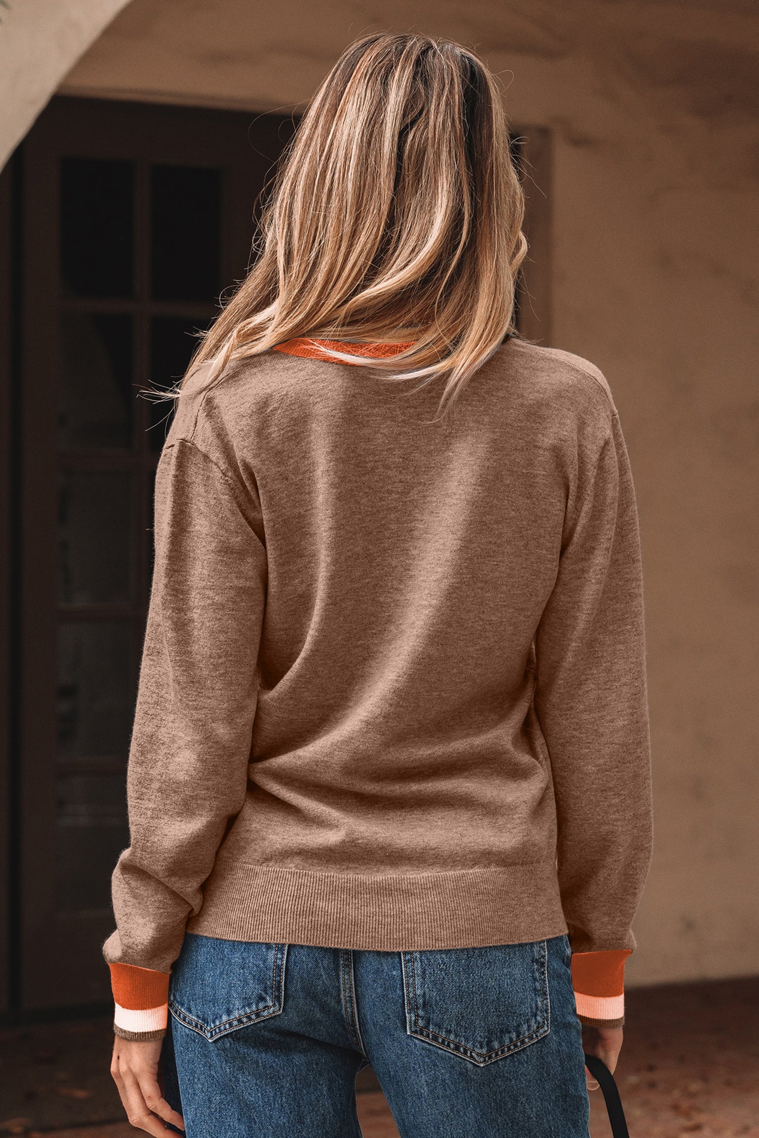 Dark Khaki Varsity Sweater With Contrast Striped Trim V Neck Dear-Lover Dropshipping